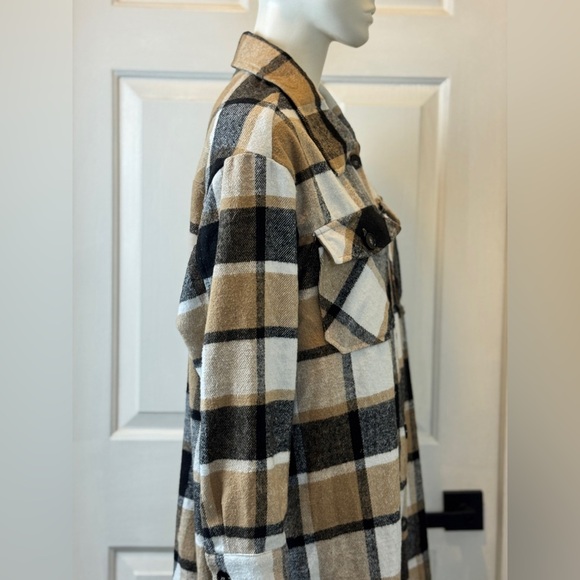 Warm Plaid Long Sleeve Flannel Dress Polyester Thick Material Brown Black Size L - Picture 4 of 16